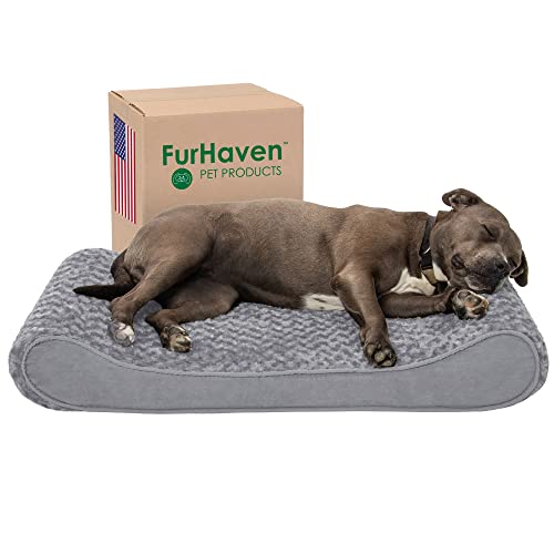 Furhaven Orthopedic Dog Bed for Large/Medium Dogs w/ Removable Washable Cover, For Dogs Up to 38 lbs - Ultra Plush Faux Fur & Suede Luxe Lounger Contour Mattress - Gray, Large