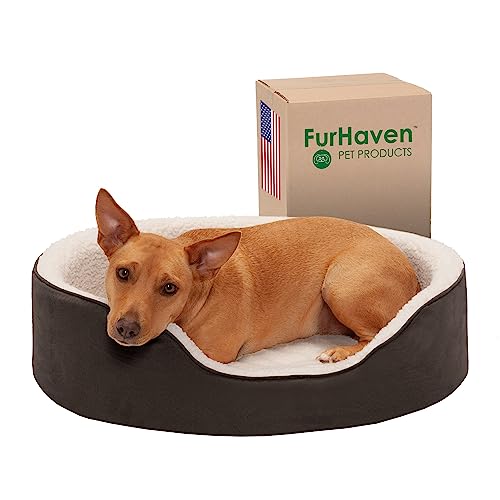 Furhaven Orthopedic Dog Bed for Large/Medium Dogs w/ Removable Washable Cover, For Dogs Up to 30 lbs - Sherpa & Suede Oval Lounger - Espresso, Large