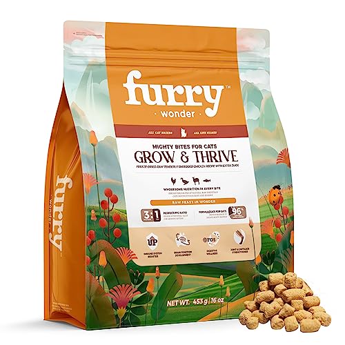 FURRY WONDER Freeze Dried Raw Cat Food Grain Free Mighty Bites for Cats 16oz Chicken Recipe with Duck High Protein Dinner Morsels for All Breeds and Life Stages