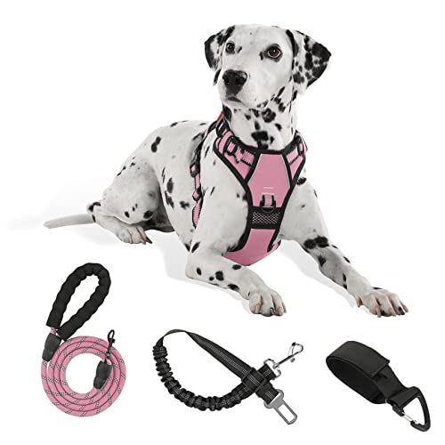 FURRYFECTION No Pull Dog Harness, Reflective Vest Harness with Leash No Choke Soft Padded Dog Vest, Adjustable Front Lead Dog Harnesses with Dog Seat Belt for Small Medium Large Dogs, Pink, L