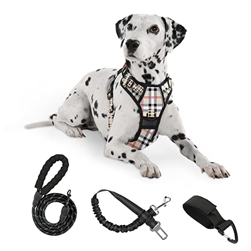 FURRYFECTION Plaid Dog Harness for Medium Dogs, No Pull Reflective Pet Harness, No Choke Vest Harnesses with Leash, Easy Control Handle, Adjustable Front Lead & Seat Belt,Beige & White,M