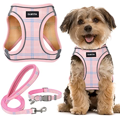 GAMUDA Small Pet Harness Collar and Leash Set, Step in No Chock No Pull Soft Mesh Adjustable Dog Vest Harnesses Plaid Reflective for Dogs Puppy and Cats Outdoor Training and Running (Pink, XXS)