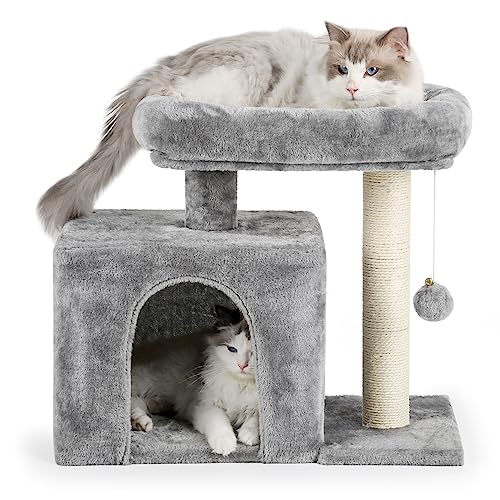 Girwor Cat Tree, Cat Tower for Indoor Cats, Sisal-Covered Scratching Post for Indoor Cats, Featuring with Luxurious Cozy Perch, Cat Condo Cozy Plush Cat House with Hang Ball, for Kittens, Grey