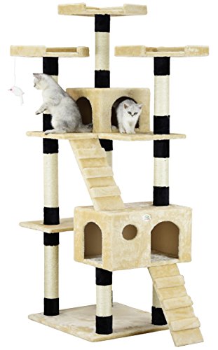 Go Pet Club 72" Premium Cat Tree Kitty Tower Kitten Condo for Indoor Cats with Scratching Posts, Condos, Ladders, Soft Perches, and Hanging Toy Cat Activity Center Furniture, Beige/Black