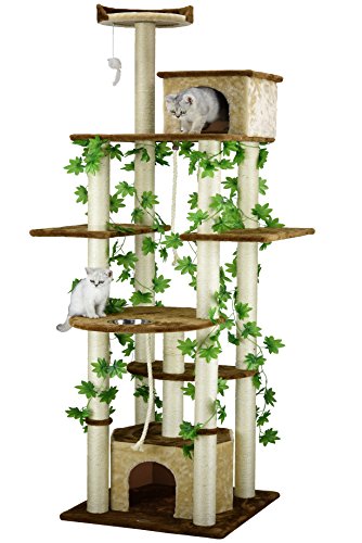 Go Pet Club 85" Jungle Forest Leaves Collection Luxury Cat Tree Condo Kitty Climber Furniture with Feeding Bowl, Beige/Brown