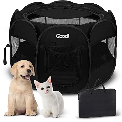 GOOZII Puppy Playpen Indoor for Small Dogs, Portalble Pet Dog Play Pens Kennel Crate with Top Cover Floor Door Enclosed for Large Cats Animal as Dog Lovers (Black, Medium Size)