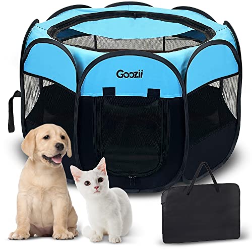 GOOZII Small Dog Playpen Portable Collapsible, Indoor Outdoor Pet Puppy Dogs Exercise Playpens Case with Zipper Door Top Cover Floor for Large Cat Rabbit Travel Camping (Small Size, Black/Blue)