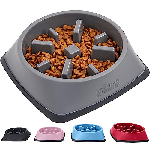 Gorilla Grip Slip Resistant Slow Feeder Cat and Dog Bowl, Slows Down Pets Eating, Prevent Overeating, Feed Small, Large Pets, Fun Puzzle Design, Dogs Cats Bowls for Dry and Wet Food, 2 Cups, Gray