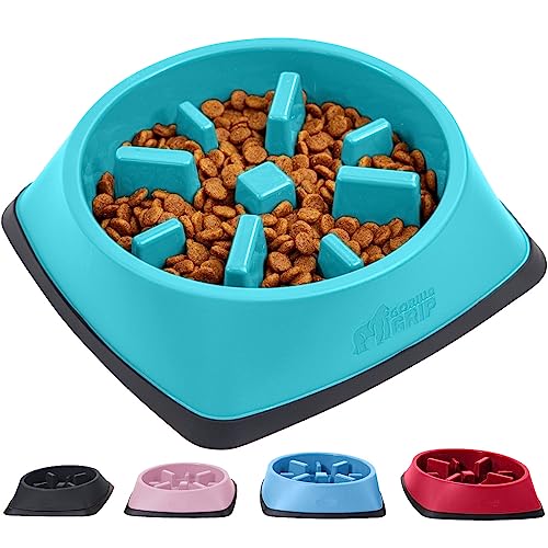 Gorilla Grip Slip Resistant Slow Feeder Cat and Dog Bowl, Slows Down Pets Eating, Prevent Overeating, Feed Small, Large Pets, Fun Puzzle Design, Dogs Cats Bowls for Dry and Wet Food, 2 Cups, Turquoise