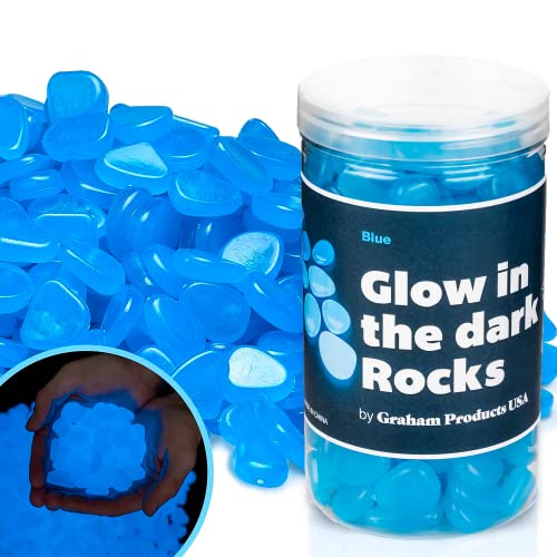 Graham Products 190 Pieces Glow in The Dark Rocks | Indoor & Outdoor Use - Garden, Fish Tank Pebbles, Planter, Walkway, Driveway Decoration & More | for Kids Aged 6 & Up | Powered by Sunlight - Blue