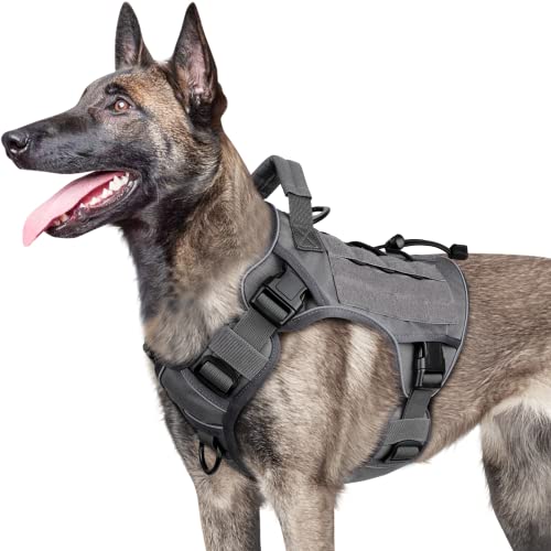 Gray Harness with Handle Tactical Dog Harness for Large Dogs No Pull Adjustable Reflective K9 Military Dog Vest Harnesses for Golden Retriever, Doberman Pinscher, Rottweiler,Great Dane Service (XL)