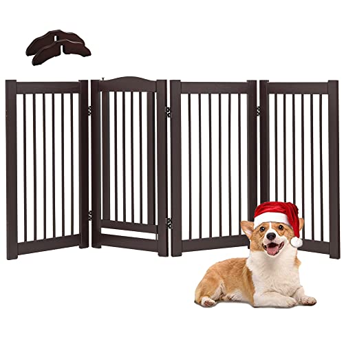 HABUTWAY Freestanding Dog Gates for The House, 4 Panels Foldable Pet Gates for Dogs with 2 Support Feet, 82'' Wide 30'' Tall, Pet Gates with Walk Through Door for Stairs,Doorways (Expresso)