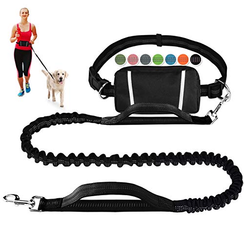 Hands Free Dog Leash Bungee Retractable Dog Running Waist Leash for Running Walking Jogging Training Hiking with Medium to Large Dogs, Adjustable Waist Belt Pouchouch, Reflective Stitches, Dual Handle