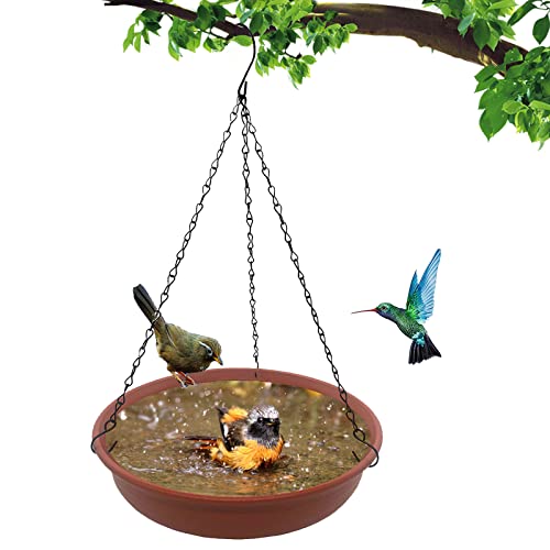 Hanging Bird Bath Bird Feeder for Outdside, 12" in Diameter × 2.25" Deep Brick Red Bird Bath Tray,Made of PP Material with 15.7" Antirust Paint Black Chain for Garden Yard Decoration