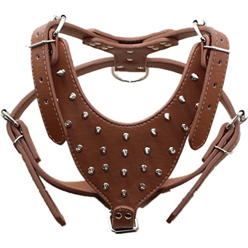 Haoyueer Leather Spiked & Studded Medium & Large Dog Harness for Pit Bull, Mastiff, Boxer, Bull Terrier (Brown)