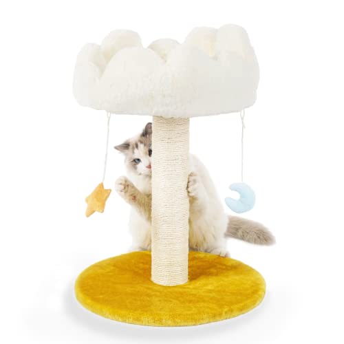 Happi N Pets Cloud Cat Scratching Post with Bed, Cat Tree Tower for Indoor Cats, Nature Sisal Cat Scratcher with Cozy Fluffy Perch for Kitten & Adult Cats, Small Cat Tower with Toys, Stable Cat Stand