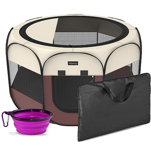 Hepeeng Portable Foldable Pet Playpen and Puppy playpen Pet Tent with Carrying Case Collapsible Travel Bowl Indoor/Outdoor Use with Water Resistant and Removable Shade Cover