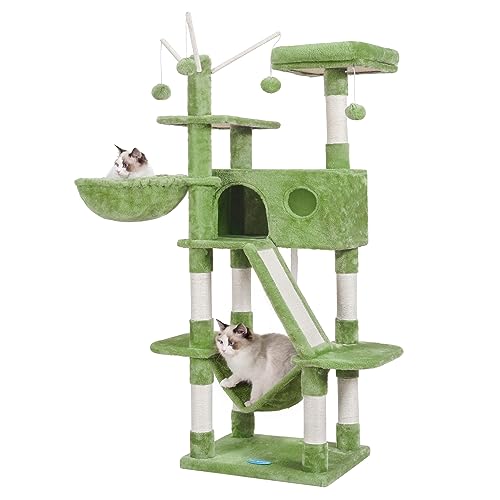 Hey-brother Cat Tree, 61 inch Cat Tower for Indoor Cats, Cat House with Padded Platform Bed, Toy Balls, Large Cozy Condo, Hammocks and Sisal Scratching Posts, Green MPJ019GR