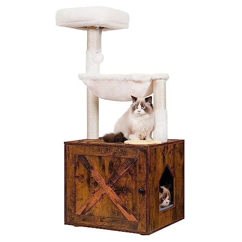 Hey-brother Cat Tree with Litter Box Enclosure, All-in-one Cat Tower for Indoor Cats with Large Hammock, Bed, Food Station, Scratching Posts, Modern Style Pet Furniture, Rustic Brown MPJ100SR