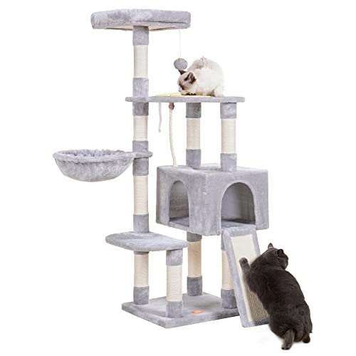 Heybly Cat Tree 60 inches Cat Tower for Indoor Cats Multi-Level Cat Furniture Condo with Feeding Bowl and Scratching Board Light Gray HCT010MW