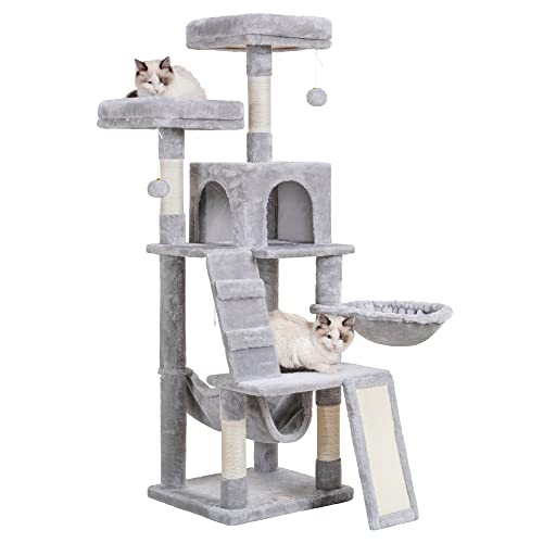 Heybly Cat Tree, Cat Tower for Indoor Cats,Multi-Level Cat Furniture Condo for Cats with Padded Plush Perch, Cozy Basket and Scratching Board Light Gray HCT014W