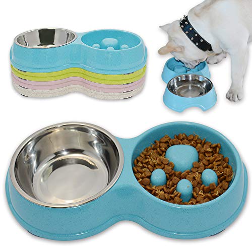 Hifrenchies Dog Slow Eating & Drinking Bowl,Stainless Steel Interactive Slow Feed Dog Bowl for French Bulldog,Slow Down Eating Eco-Friendly pet Bowl for Frenchie (Blue)