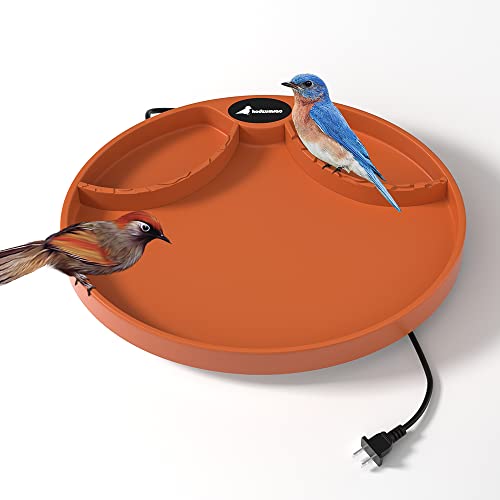 hodzumrac Heated Bird Bath, 75W Thermostatically Controlled Birdbath Heater with 2 Food Trough, Heated Bird Feeder for Winter Outdoor Patio Lawn & Garden Decoration, with Mounting Hardware