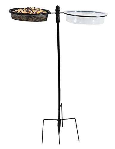 HOME-X Dual Bird Feeder Bird Bath Stand, In-Ground Bird Feeders for Outdoors, Wrought Iron Ground Stake Feeders, Black