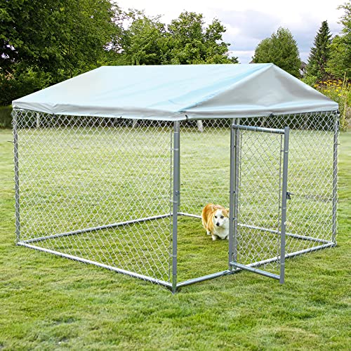 HOMEDIARY Chain Link Large Outdoor Dog Kennel, Heavy Duty Dog Cage Run House Galvanized Steel Fence Pet Playpen with Fully Enclosed Waterproof Anti-UV Cover Roof