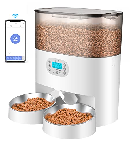 HoneyGuaridan 6L Automatic Cat Feeder for 2 Cats, 2.4G WiFi Enabled Smart Feed Automatic Pet Feeder for Cats & Dogs, Timed Pet Food Dispenser with Stainless Steel Bowl APP Control, 10s Voice Recorder