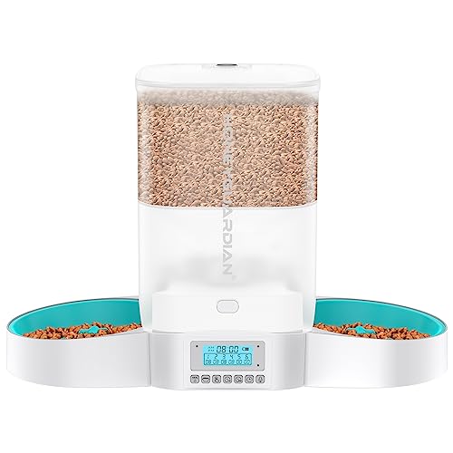 HoneyGuaridan Automatic Cat Feeder for Two Cats,3.5L Cat Food Dispenser with Slow Feeder Bowl,Timed Cat Feeder Programmable 1-6 Meals Control, Dual Power Supply,Desiccant Bag,10s Meal Call