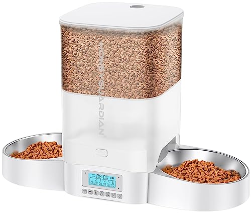 HoneyGuaridan Automatic Cat Feeder for Two Cats,3.5L Cat Food Dispenser with Stainless Steel Bowl,Timed Cat Feeder Programmable 1-6 Meals Control, Dual Power Supply,Desiccant Bag,10s Meal Call(White)