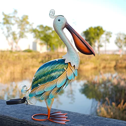 HONGLAND Solar Metal Pelican Statues Garden Sculpture & Statues, Glass Outdoor Pelican Yard Art Coastal Ocean Bird Decor Lawn Ornament for Backyard Porch Patio Decor（19 Inch）