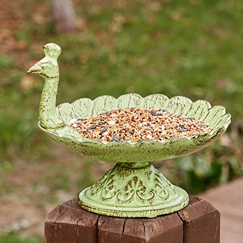 HOUYANG Cast Iron Bird Baths for Outdoors,Cast Iron Bird Feeder, Metal Bird Bath,Vintage Peacock Shape,Home Garden Lawn Yard Table Decorations（Light Green）