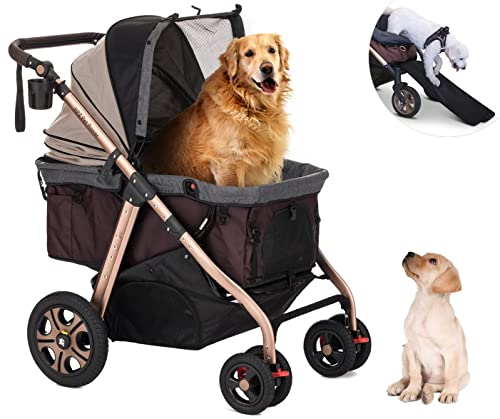 HPZ Pet Rover Titan-HD Premium Super-Sized Dog/Cat/Pet Stroller SUV Travel Carriage/w Access Ramp/100Lbs Capacity/Pumpless Rubber Wheels/Aluminum Frame for Small, Med, Large, XL Pets (Taupe)