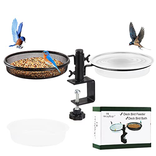 HRAYLTOP Deck Bird Feeders Deck Rail Bird Bath with Metal Mesh Tray and 2 Water Bowls - Detachable Adjustable Heavy Duty Clamp Bracket - Balcony Porch Railing Bird Feeder Perfect for Attracting Birds