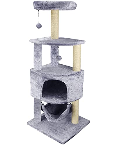 HUITREE Cat Tree with Scratching Post and Hanging Bed,Grey