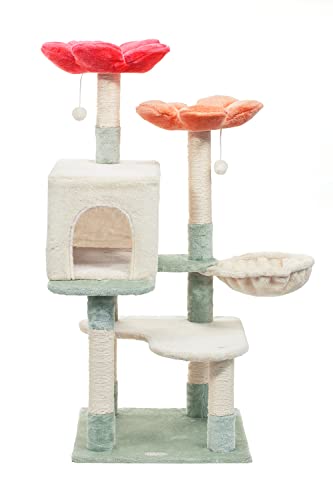 HYABi 48 inch Hanging Basket Flower Cat Tree Tower Condo Furniture Apartment Plush Habitat Kitten Amusement Platform with Scratch Posts Toy Ball Pet House Play (Large 48" H)