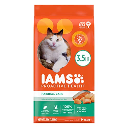 IAMS PROACTIVE HEALTH Adult Hairball Care Dry Cat Food with Chicken and Salmon Cat Kibble, 3.5 lb. Bag