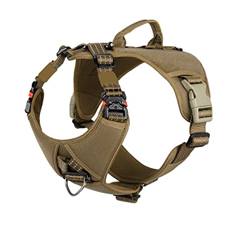 ICEFANG GN8 Quick Moving Tactical Dog Harness with Handle ,Reflective in Training Walking K9 Vest,No-Pull Front Lead ,5-Points Adjust , Hook and Loop Panel (L (Neck 18"-24"; Chest 28"-35"),Brown)