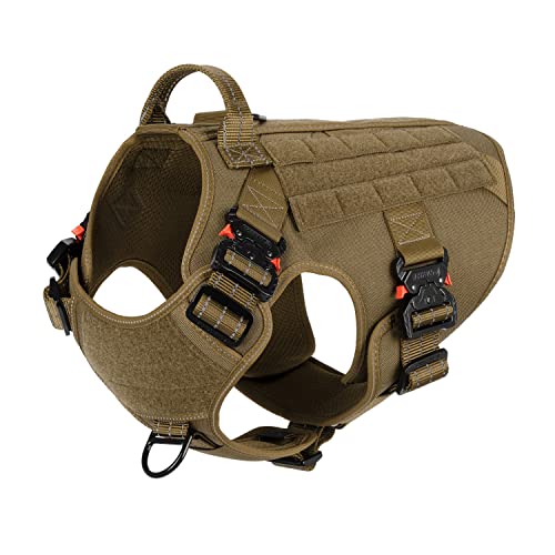 ICEFANG Tactical Dog Harness with 4X Metal Buckle,Dog MOLLE Vest with Handle,No Pulling Front Clip ,Hook and Loop Panel for Walking Training Hiking (Large (Pack of 1), Reflective Brown)