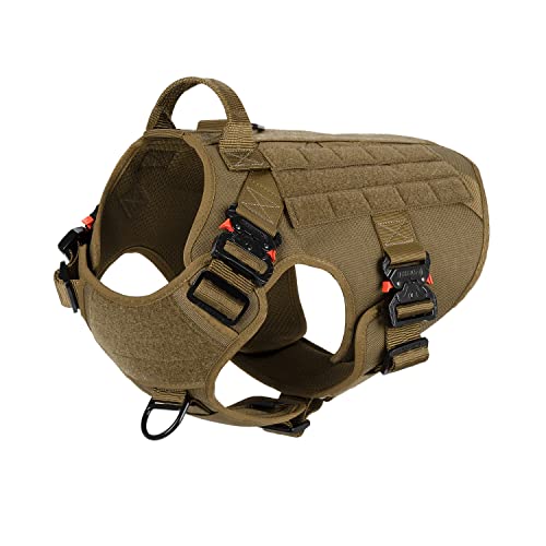 ICEFANG Tactical Dog Harness with 4X Metal Buckle,Dog MOLLE Vest with Handle,No Pulling Front Clip,Hook and Loop Panel for Dog Custom Patch (XL (32"-39" Girth), Coyote Brown)