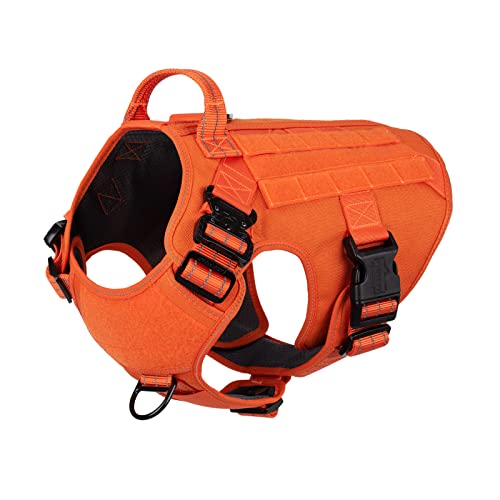 ICEFANG Tactical Dog Harness,2X Metal Buckle,Working Dog MOLLE Vest with Handle,No Pulling Front Leash Clip,Hook and Loop Panel (Large (Pack of 1), Reflective Orange)