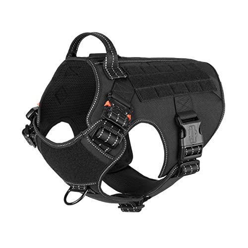 ICEFANG Tactical Dog Harness,2X Metal Buckle,Working Dog MOLLE Vest with Handle,No Pulling Front Leash Clip,Hook and Loop Panel (Large (Pack of 1), Reflective Black)