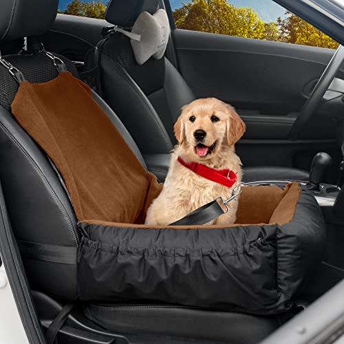 IFurffy Dog Car Seat, Pet Car Seat with Storage Pockets and Clip-On Safety Leash, Washable Coral Fleece Dog Booster Seat for Small Medium Dogs, Small Dog Car Seat for Travel Dog Car Bed (Brown)