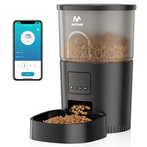 IMIPAW Automatic Cat Food Dispenser, WiFi Cat Feeder with APP Control for Pet Dry Food, Timed Pet Feeder Programmable with 10s Meal Call, Dual Power Supply, Slow Feeder for Cats & Small Dogs, Black