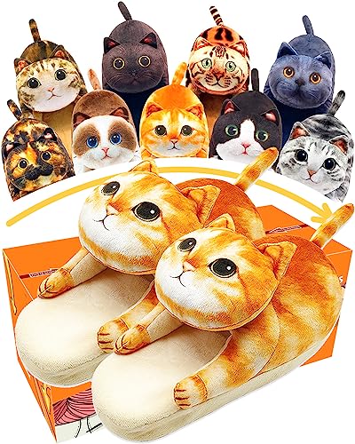 Infaccial Fuzzy Cat Slippers for Women Indoor and Outdoor,Funny Animal House Shoes with Soft Memory Foam,Comfy Plush Warm Slip-on Slippers，Unique Cat Gifts for Women/Men/Girls(Orange Cat)