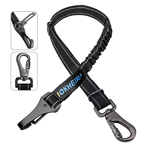 IOKHEIRA Dog Seat Belt 3-in-1 Car Harness for Dogs Adjustable Safety Seatbelt for Car Durable Nylon Reflective Bungee Fabric Tether with Clip Hook Latch & Buckle, Swivel Zinc Alloy Carabiner