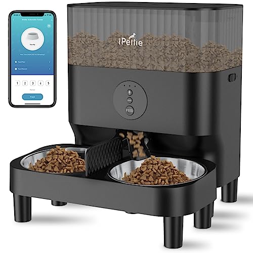 iPettie Automatic Cat Feeder for Two Cats, 2.4G WiFi App Control, 5L/21 Cup Capacity, 1-10 Meals Per Day, Adjustable Bowl Height, Cat Feeder Automatic w/ 2 Stainless Steel Bowls, Voice Recording