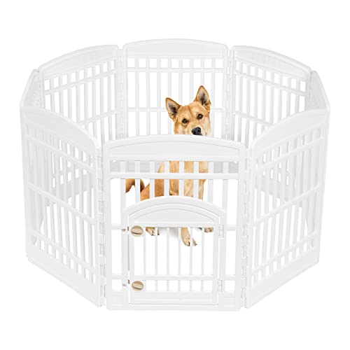 IRIS USA 34" Exercise 8-Panel Pet Playpen with Door, Dog Playpen, for Medium and Large Dogs, Keep Pets Secure, Easy Assemble, Fold It Down, Easy Storing, Customizable, White